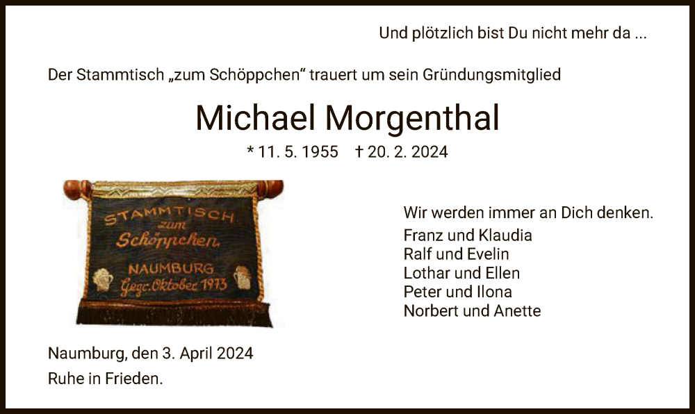  Traueranzeige für Michael Morgenthal vom 03.04.2024 aus HNA