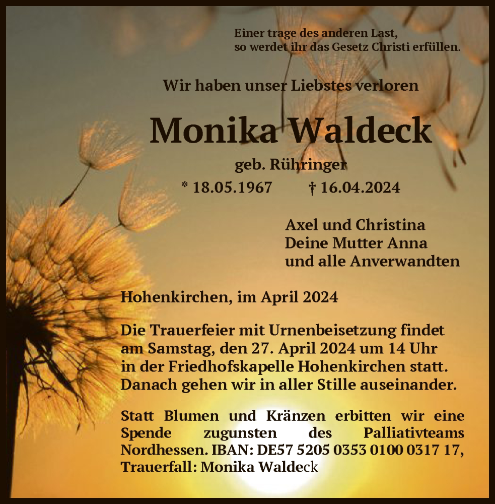  Traueranzeige für Monika Waldeck vom 24.04.2024 aus HNA