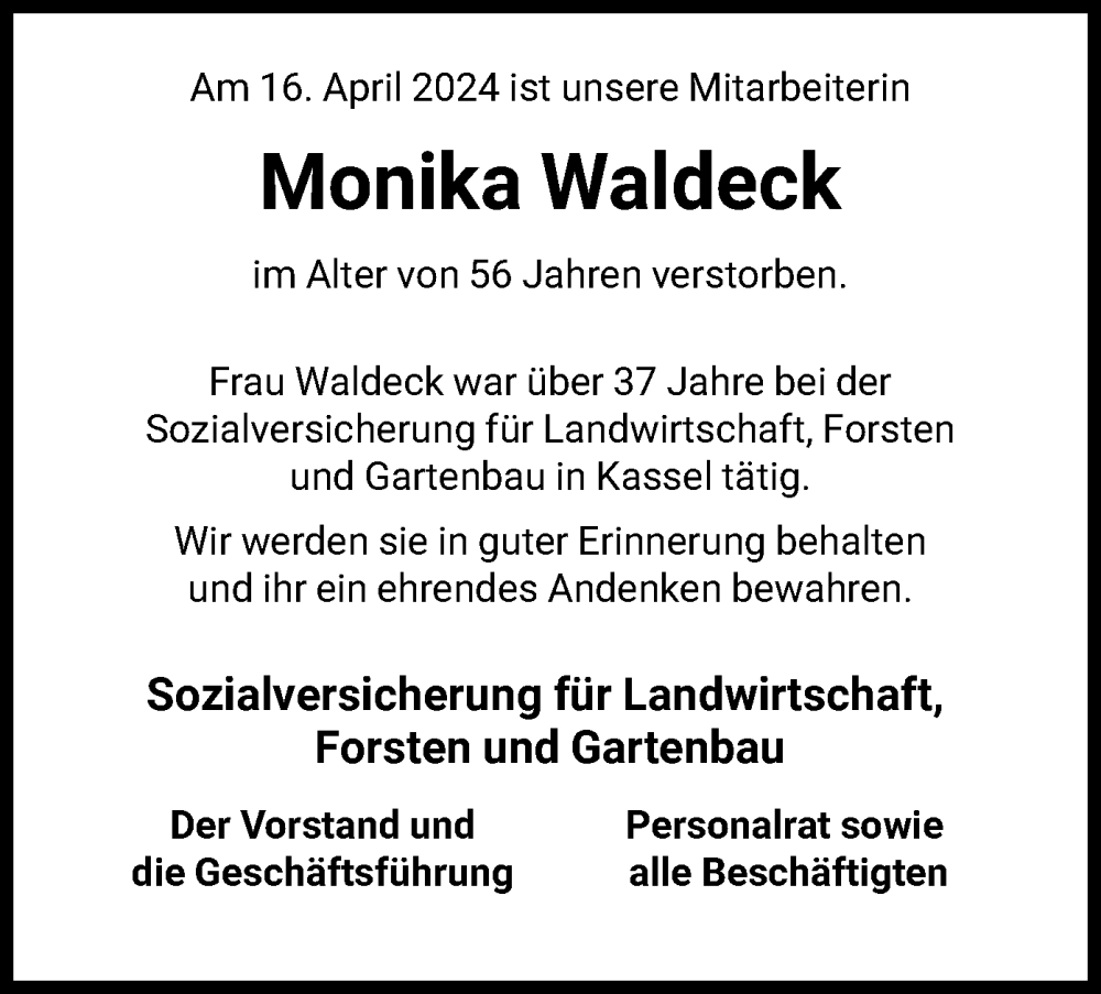  Traueranzeige für Monika Waldeck vom 23.04.2024 aus HNA