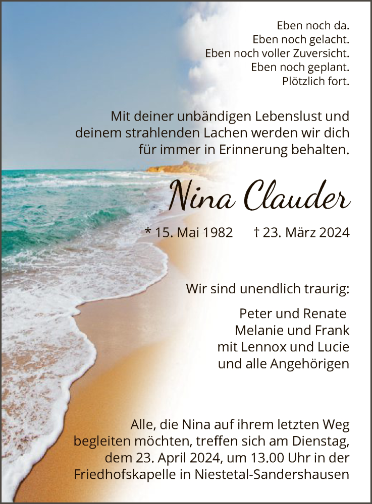  Traueranzeige für Nina Clauder vom 20.04.2024 aus HNA