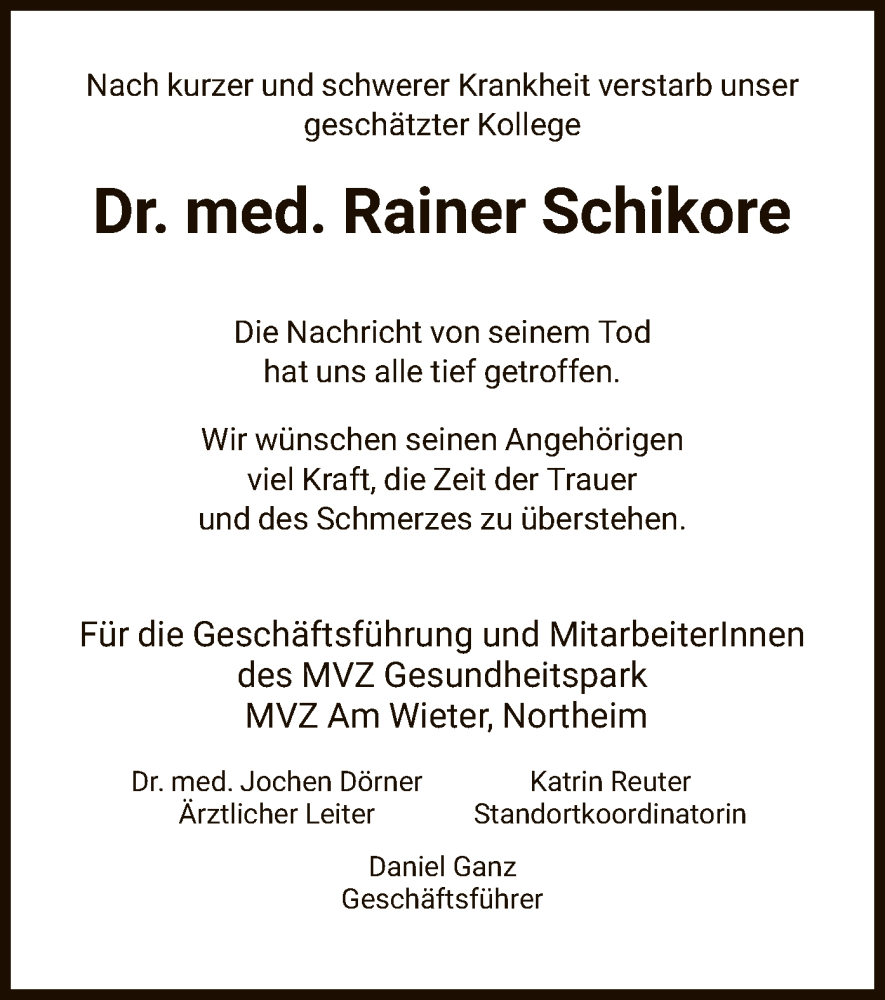  Traueranzeige für Rainer Schikore vom 06.04.2024 aus HNA