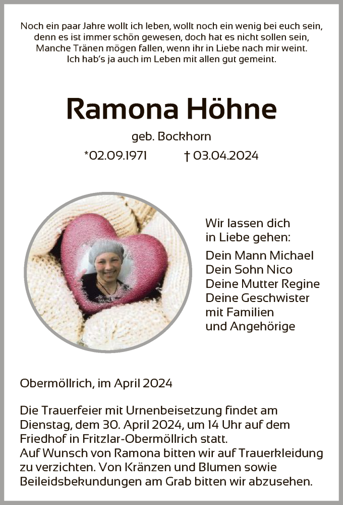  Traueranzeige für Ramona Höhne vom 20.04.2024 aus HNA