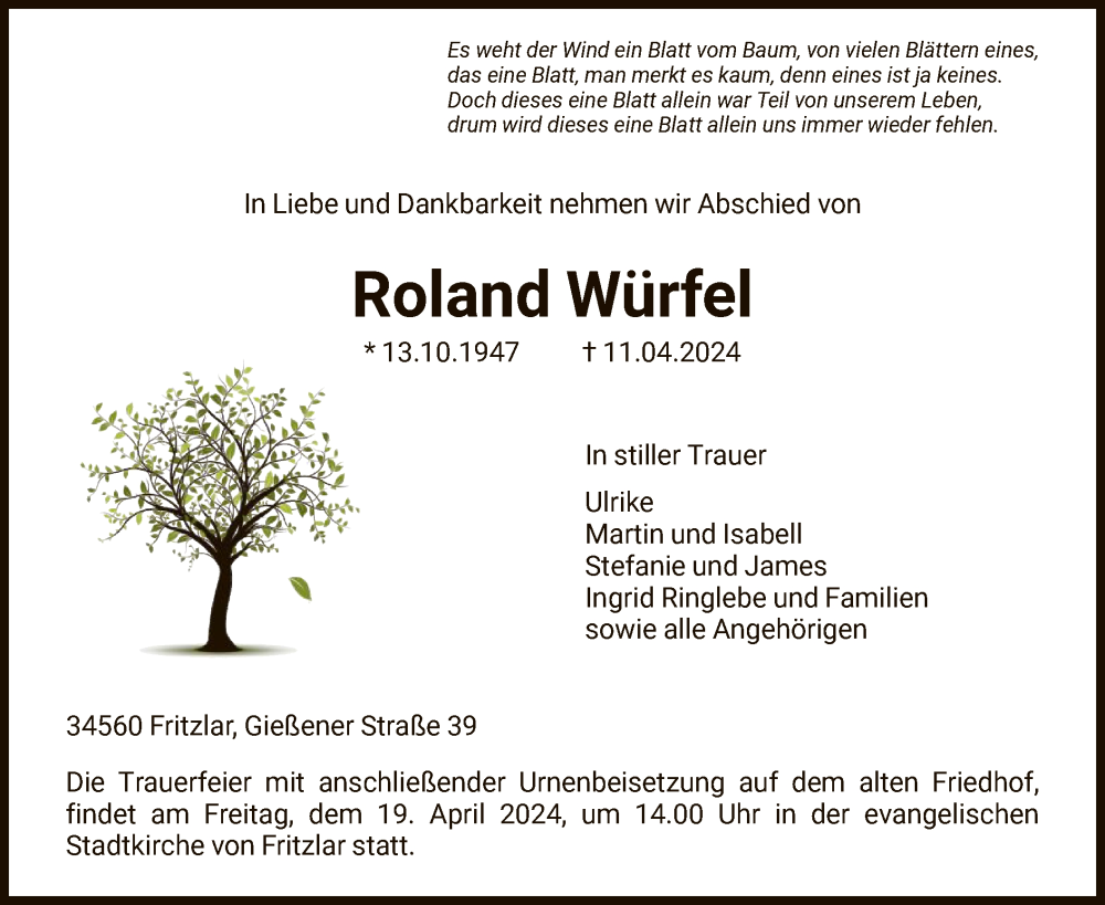  Traueranzeige für Roland Würfel vom 13.04.2024 aus HNAHNA