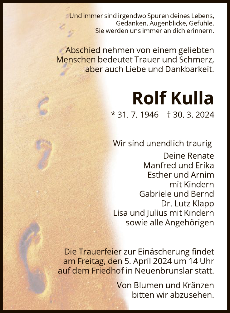  Traueranzeige für Rolf Kulla vom 03.04.2024 aus HNA