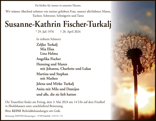 Traueranzeige von Susanne-Kathrin Fischer-Turkalj von HNA