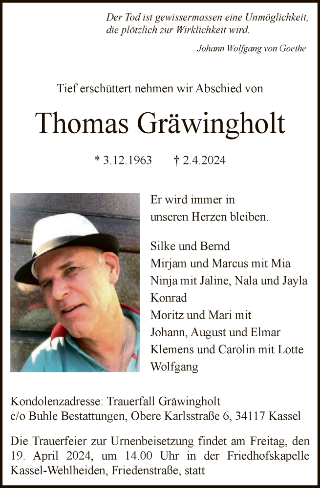  Traueranzeige für Thomas Gräwingholt vom 17.04.2024 aus HNA