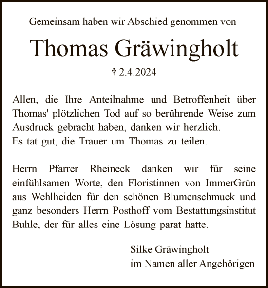 Traueranzeige von Thomas Gräwingholt von HNA