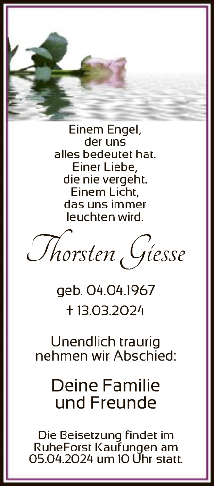  Traueranzeige für Thorsten Giesse vom 02.04.2024 aus HNA