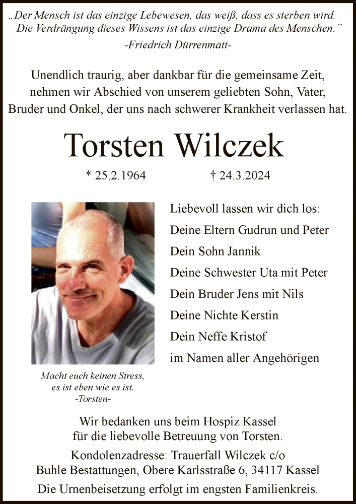  Traueranzeige für Torsten Wilczek vom 13.04.2024 aus HNA