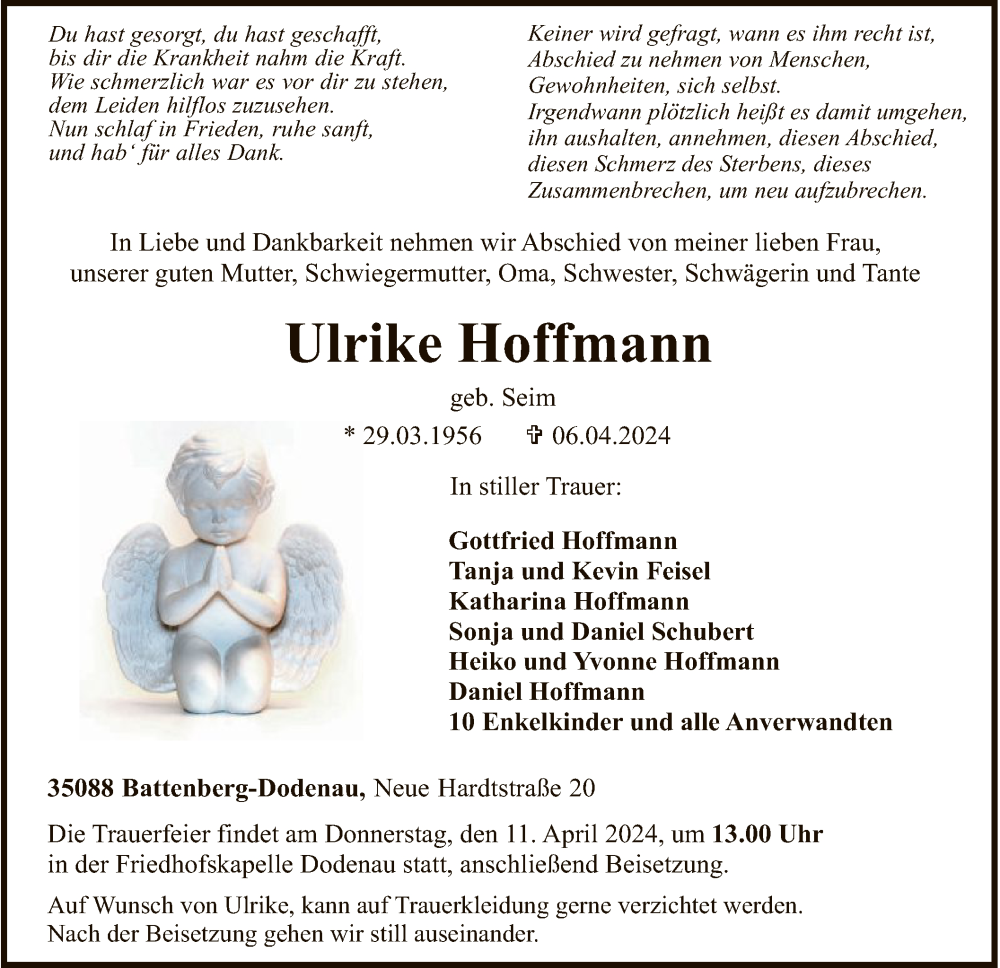  Traueranzeige für Ulrike Hoffmann vom 09.04.2024 aus HNA