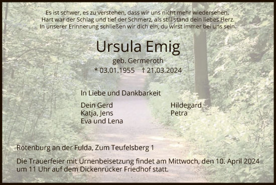 Traueranzeige von Ursula Emig von HNA