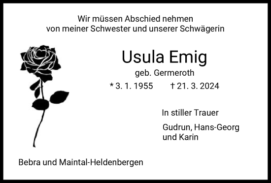 Traueranzeige von Usula Emig von HNA