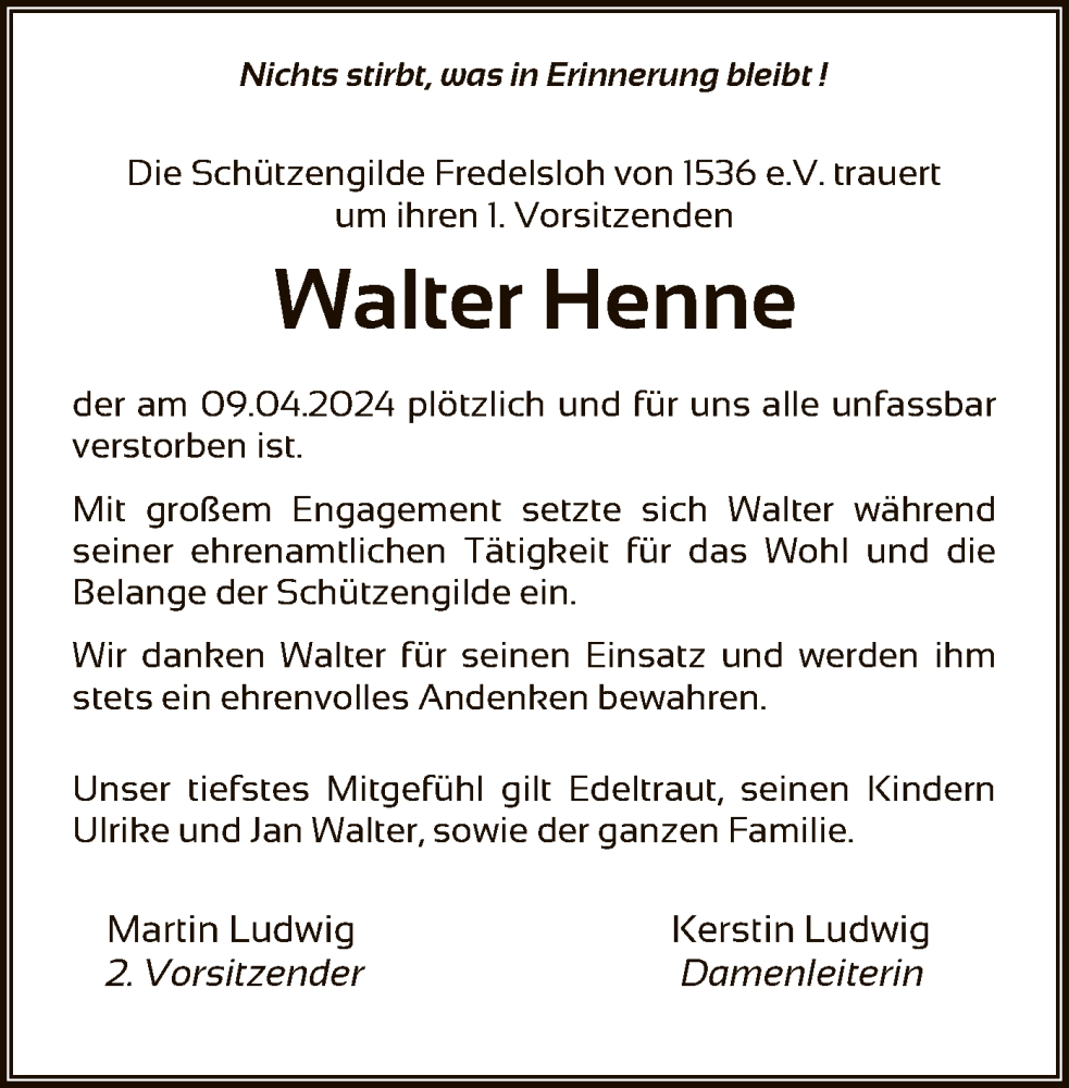  Traueranzeige für Walter Henne vom 13.04.2024 aus HNA