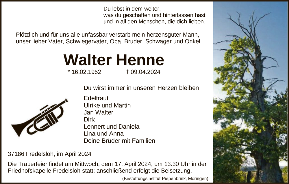  Traueranzeige für Walter Henne vom 13.04.2024 aus HNA