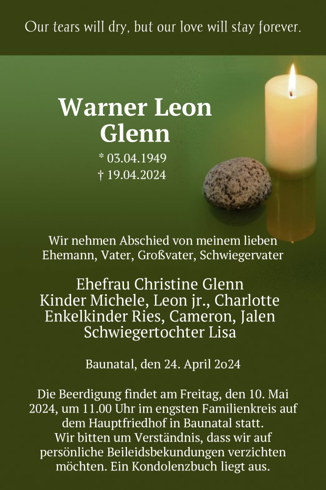  Traueranzeige für Warner Leon Glenn vom 27.04.2024 aus HNA