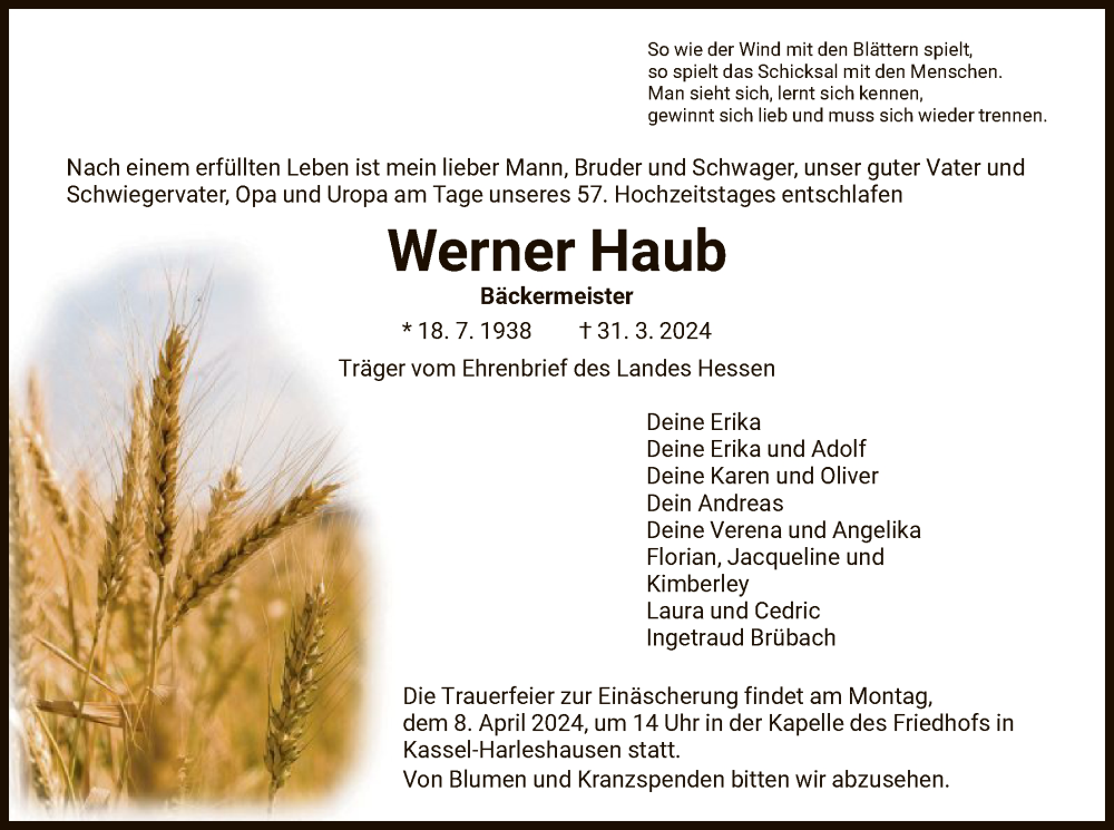  Traueranzeige für Werner Haub vom 03.04.2024 aus HNA