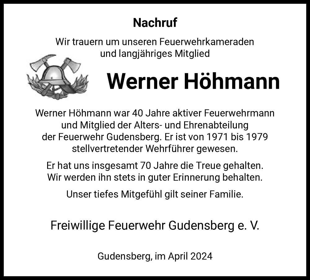 Traueranzeige für Werner Höhmann vom 17.04.2024 aus HNA