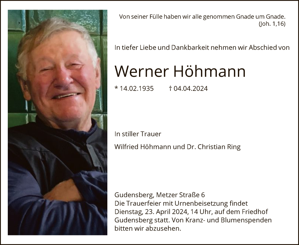  Traueranzeige für Werner Höhmann vom 17.04.2024 aus HNA