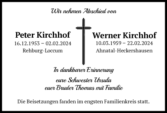 Traueranzeige von Werner und Peter Kirchhof von HNA