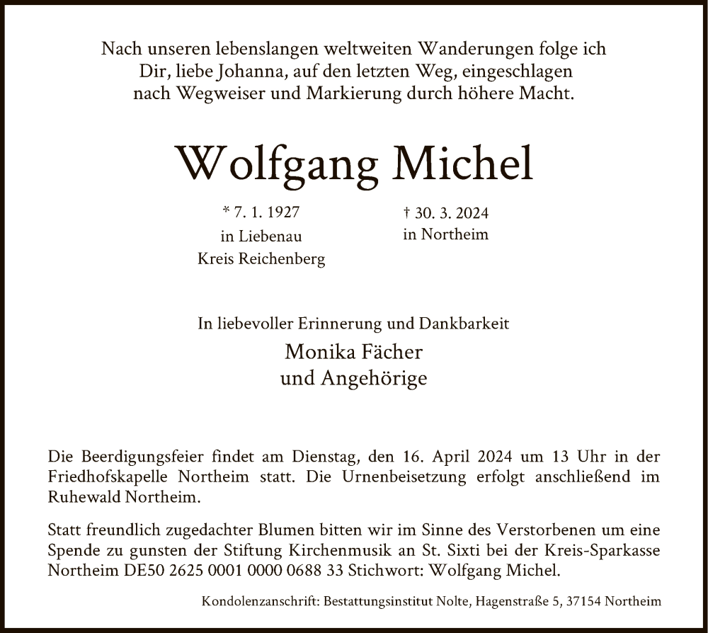  Traueranzeige für Wolfgang Michel vom 06.04.2024 aus HNA