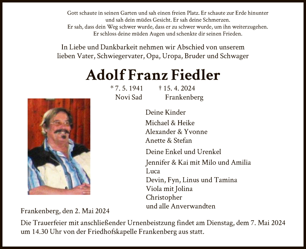  Traueranzeige für Adolf Franz Fiedler vom 02.05.2024 aus HNA
