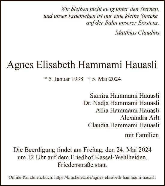 Traueranzeige von Agnes Elisabeth Hammami Hauasli von HNA
