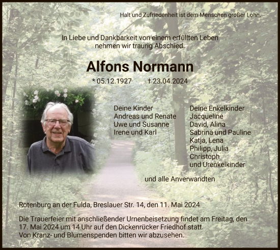 Traueranzeige von Alfons Normann von HNAHNA