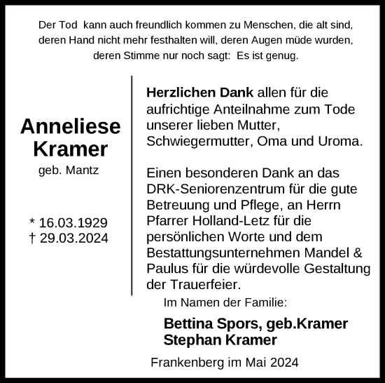 Traueranzeige von Anneliese Kramer von HNA