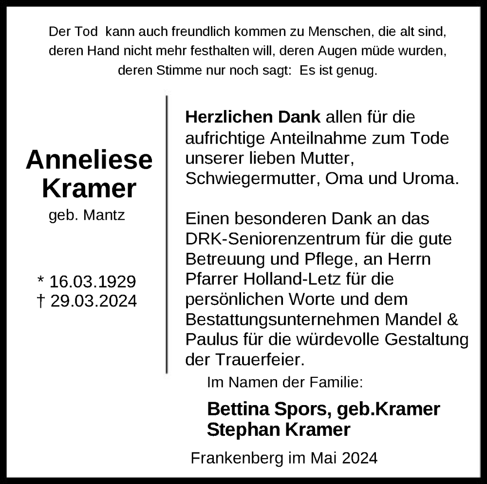  Traueranzeige für Anneliese Kramer vom 04.05.2024 aus HNA