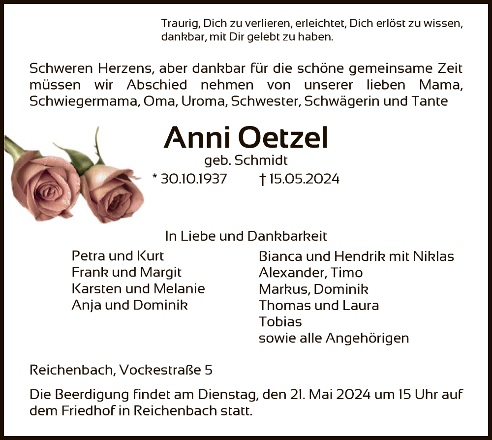  Traueranzeige für Anni Oetzel vom 18.05.2024 aus HNA