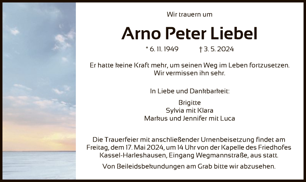  Traueranzeige für Arno Peter Liebel vom 11.05.2024 aus HNA