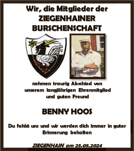 Traueranzeige von Benny Hoos von HNA