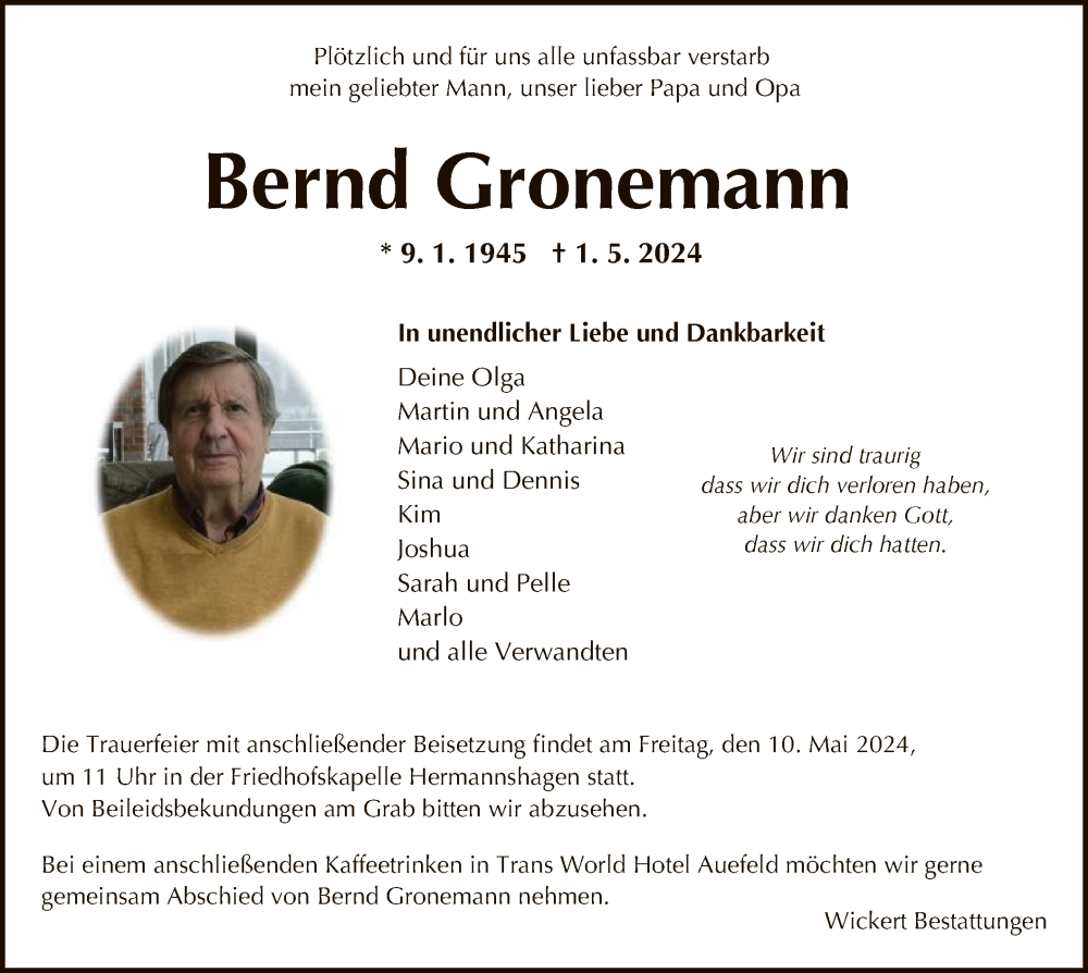  Traueranzeige für Bernd Gronemann vom 04.05.2024 aus HNA
