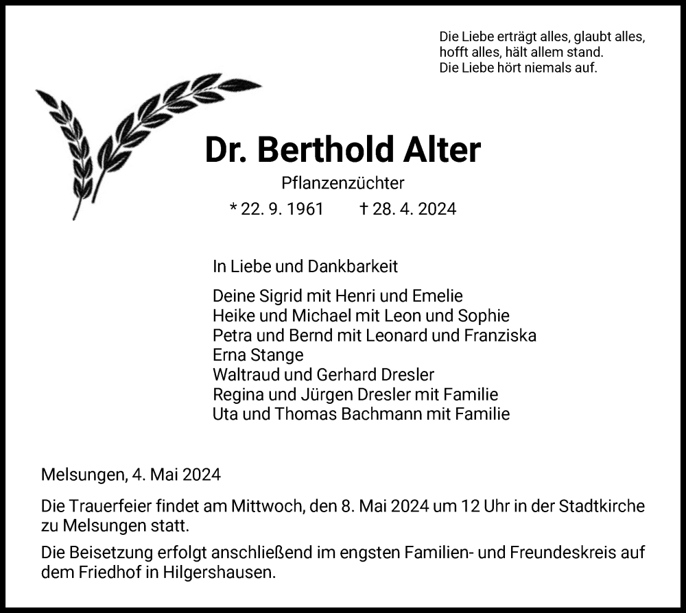  Traueranzeige für Berthold Alter vom 04.05.2024 aus HNAHNA