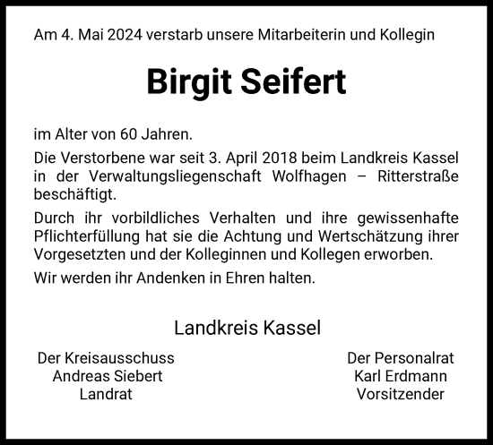 Traueranzeige von Birgit Seifert von HNA