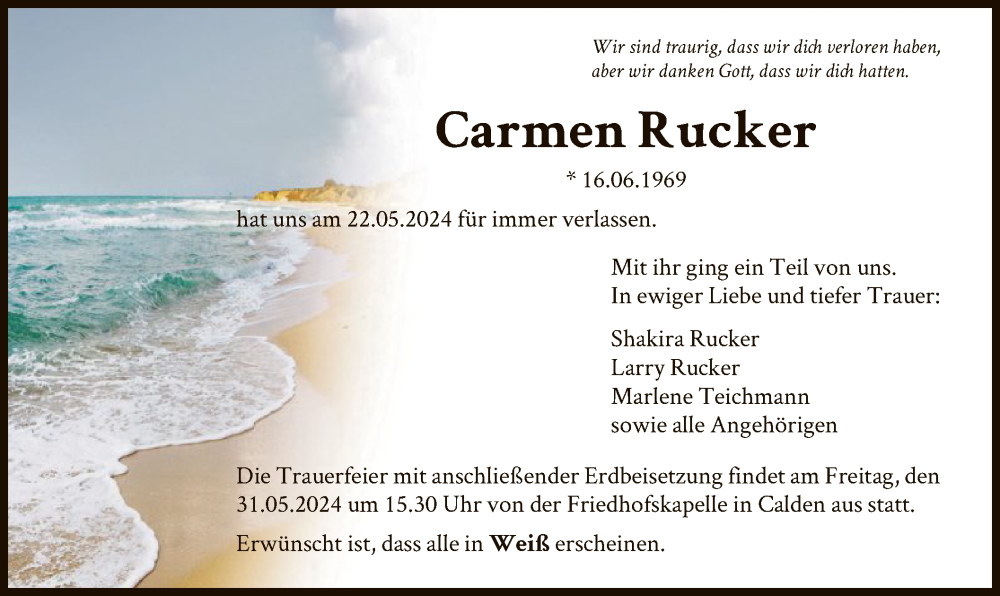  Traueranzeige für Carmen Rucker vom 29.05.2024 aus HNA