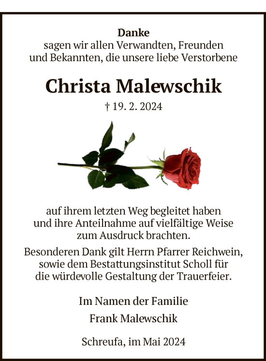 Traueranzeige von Christa Malewschik von HNA