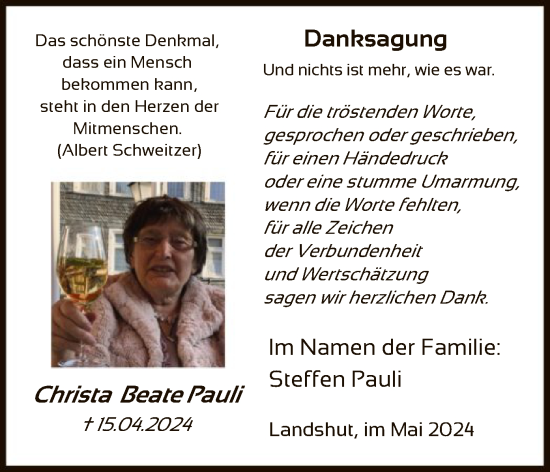 Traueranzeige von Christa Beate Pauli von HNA