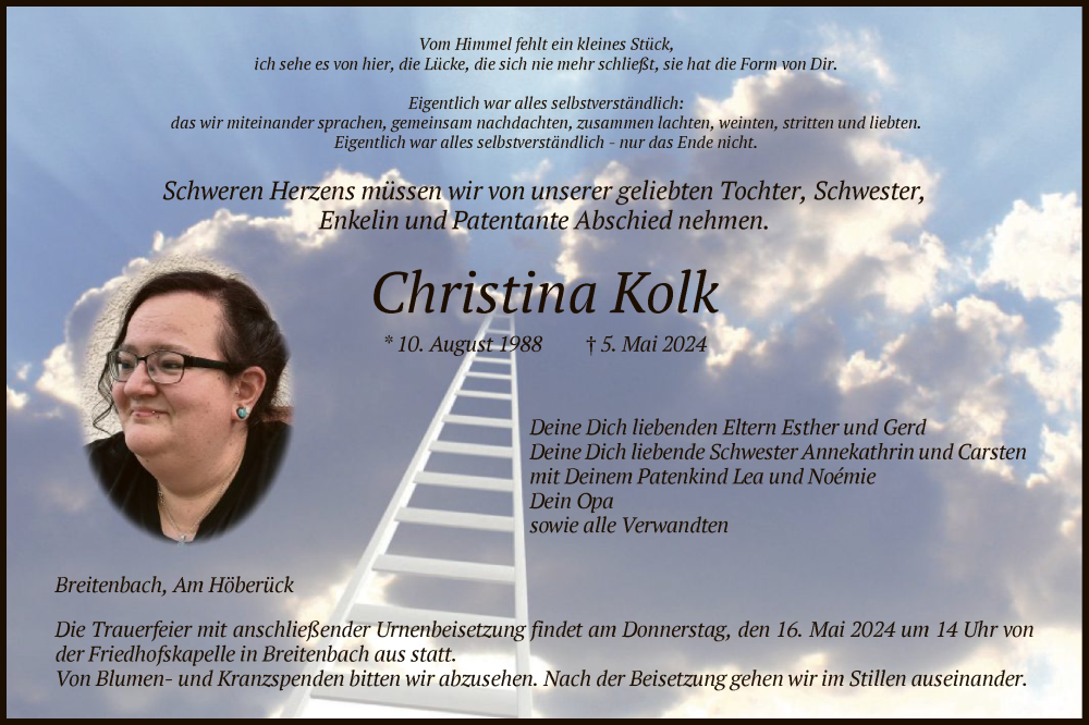  Traueranzeige für Christina Kolk vom 11.05.2024 aus HNAHNA