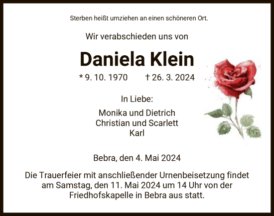 Traueranzeige von Daniela Klein von HNA