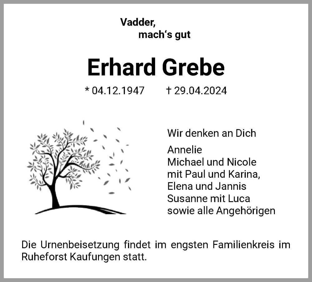  Traueranzeige für Erhard Grebe vom 04.05.2024 aus HNA
