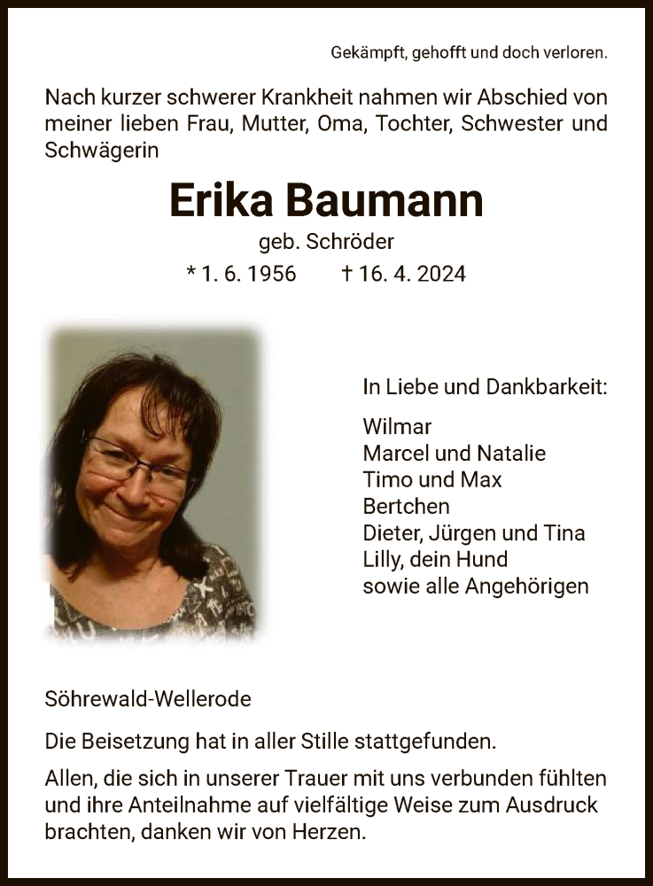  Traueranzeige für Erika Baumann vom 08.05.2024 aus HNA