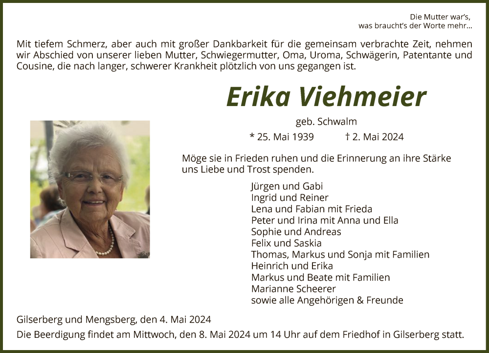  Traueranzeige für Erika Viehmeier vom 04.05.2024 aus HNA
