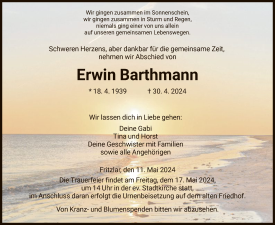 Traueranzeige von Erwin Barthmann von HNAHNA