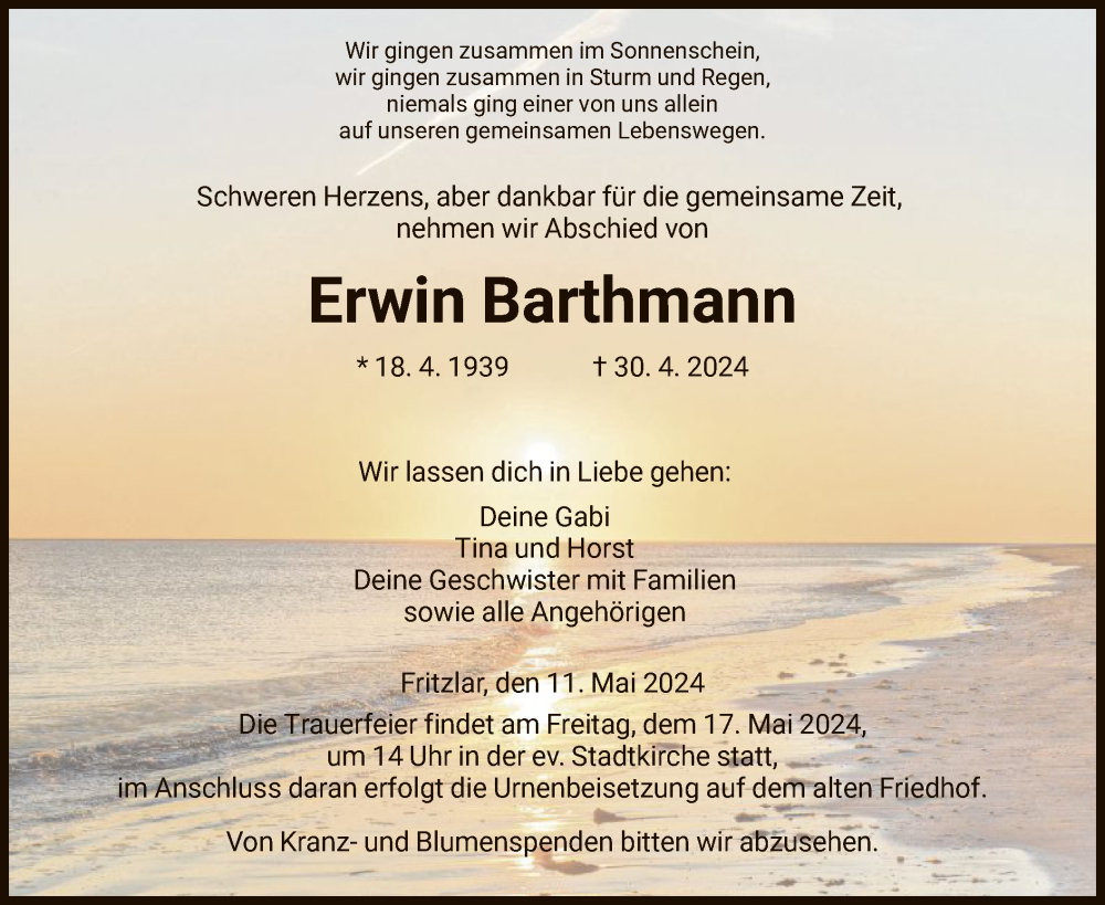  Traueranzeige für Erwin Barthmann vom 11.05.2024 aus HNAHNA