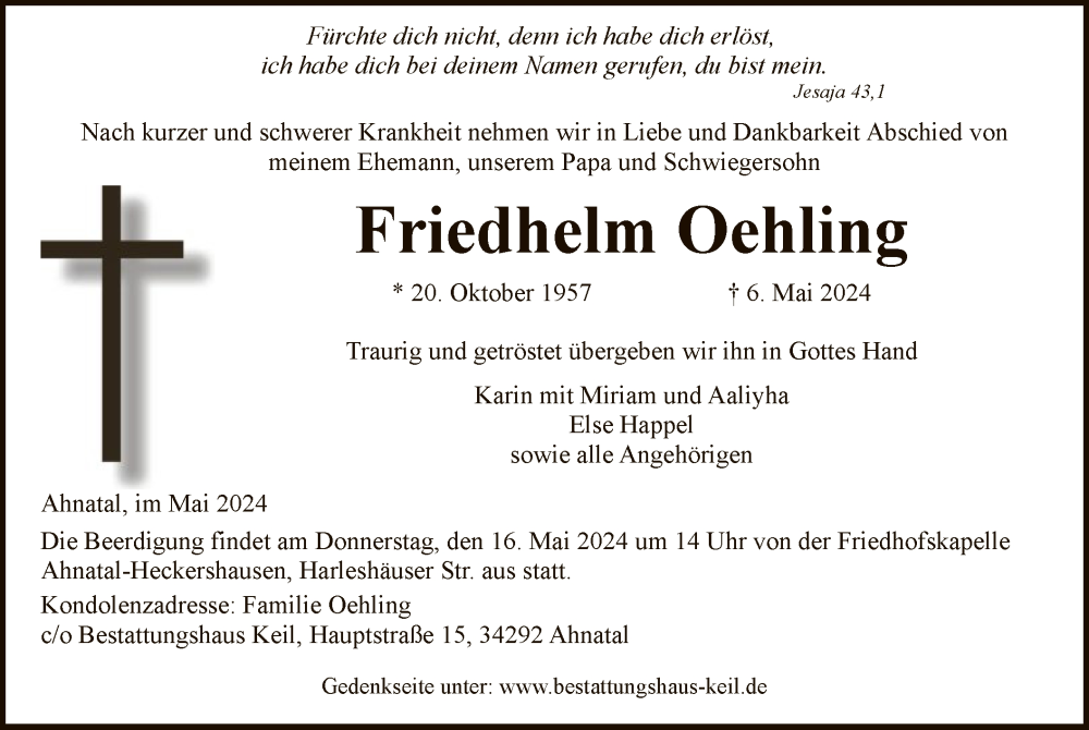  Traueranzeige für Friedhelm Oehling vom 11.05.2024 aus HNA