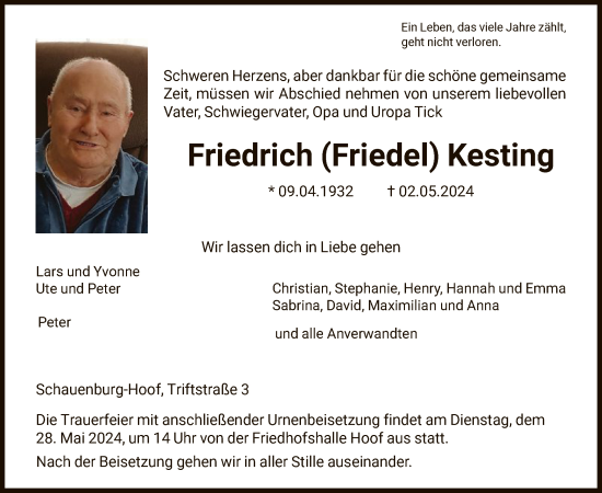 Traueranzeige von Friedrich  Kesting von HNA