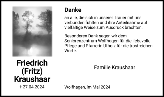 Traueranzeige von Friedrich Kraushaar von HNA
