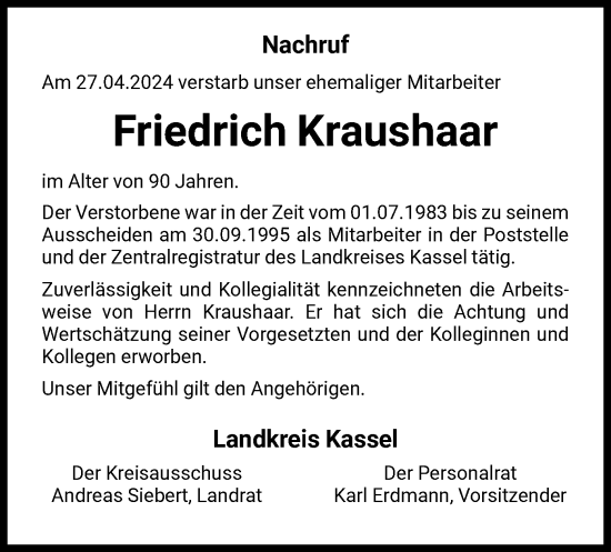 Traueranzeige von Friedrich Kraushaar von HNA