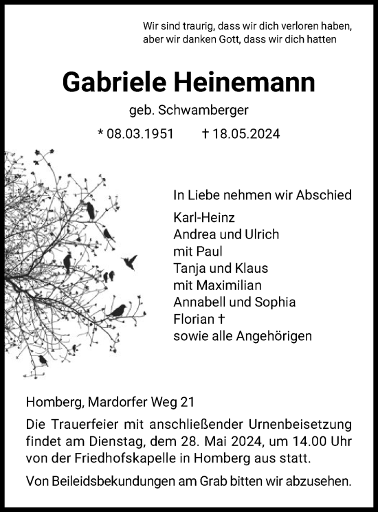 Traueranzeige von Gabriele Heinemann von HNA